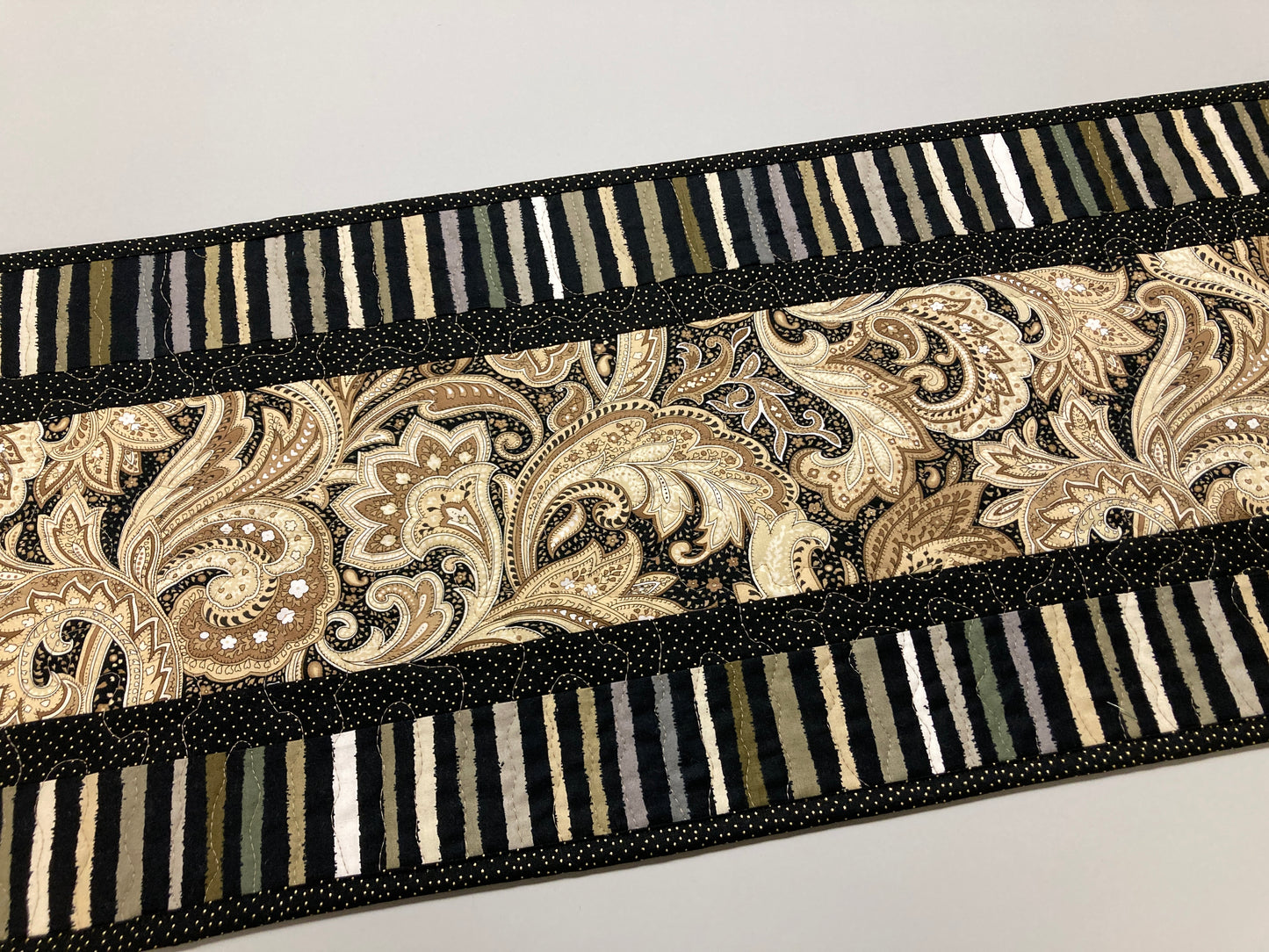 Minimalist Brown Tan Paisley Quilted Dining Coffee Table Runner, 13x48" Reversible Fall, Elegant Stripes, Handmade Midcentury Modern