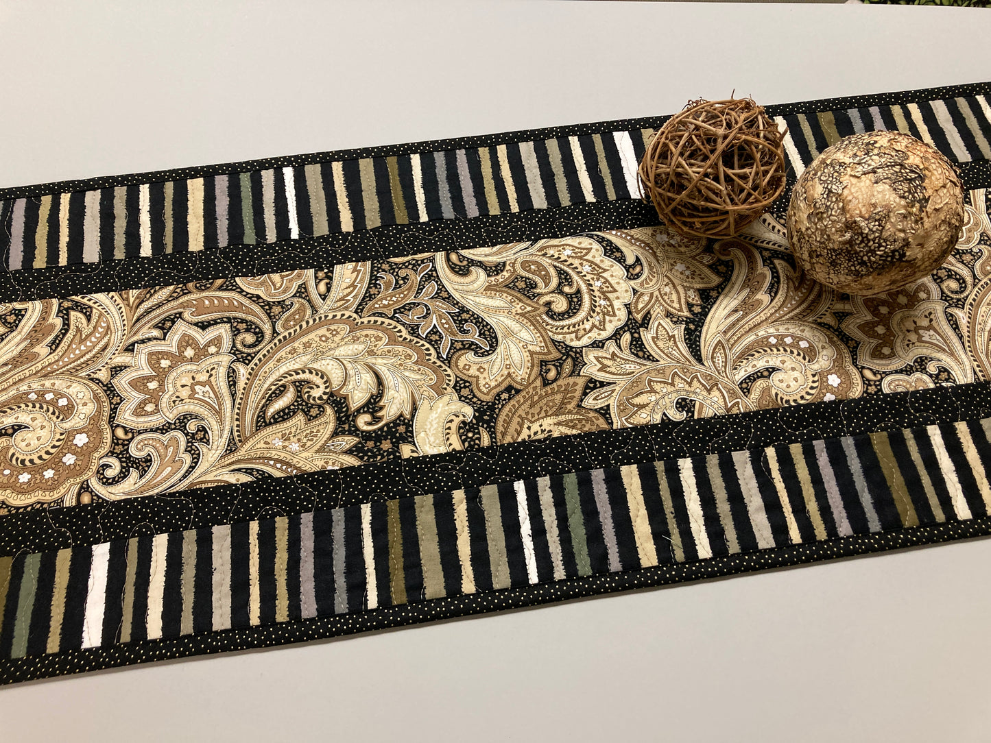 Minimalist Brown Tan Paisley Quilted Dining Coffee Table Runner, 13x48" Reversible Fall, Elegant Stripes, Handmade Midcentury Modern