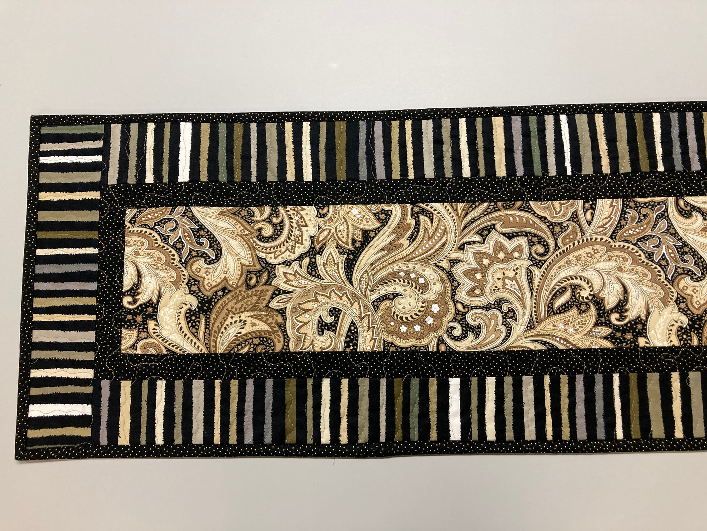 Minimalist Brown Tan Paisley Quilted Dining Coffee Table Runner, 13x48" Reversible Fall, Elegant Stripes, Handmade Midcentury Modern