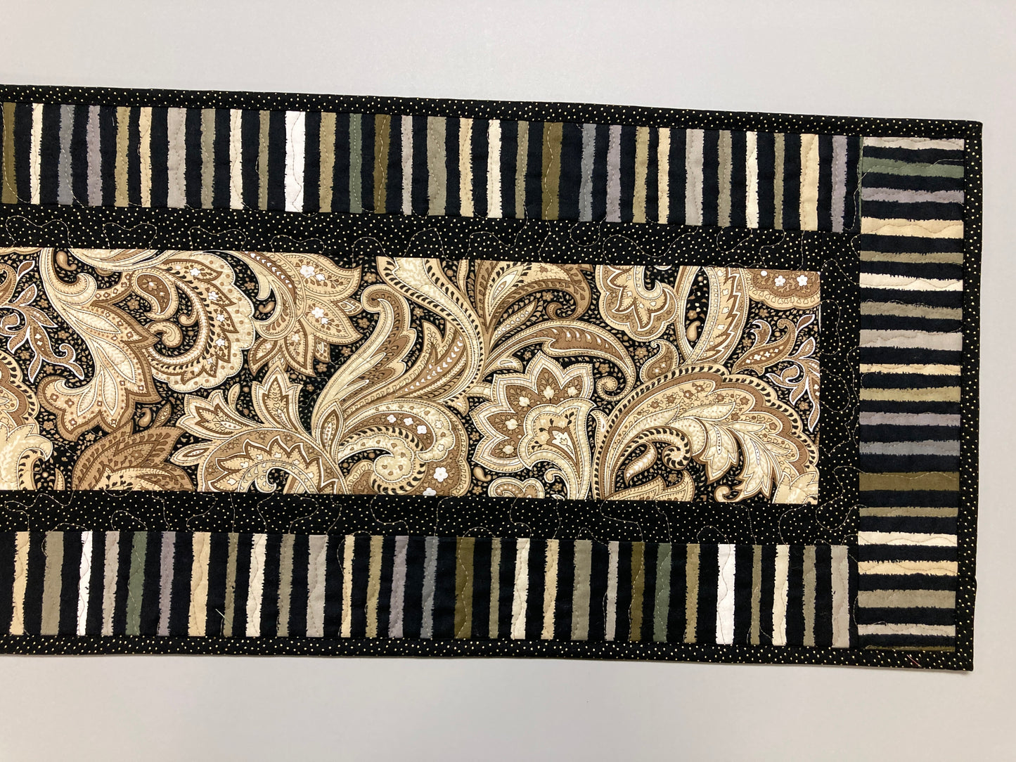 Minimalist Brown Tan Paisley Quilted Dining Coffee Table Runner, 13x48" Reversible Fall, Elegant Stripes, Handmade Midcentury Modern