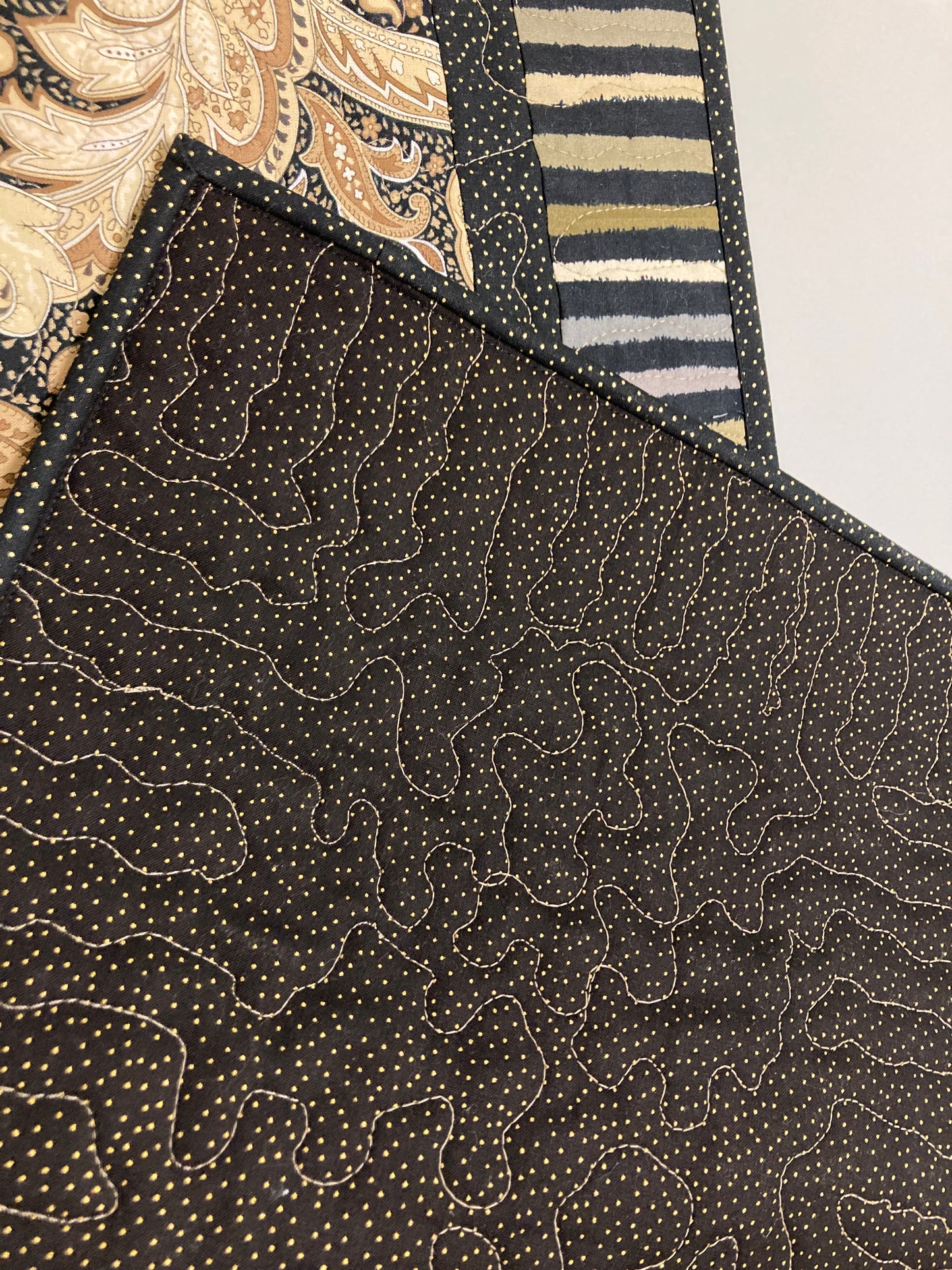 Minimalist Brown Tan Paisley Quilted Dining Coffee Table Runner, 13x48" Reversible Fall, Elegant Stripes, Handmade Midcentury Modern
