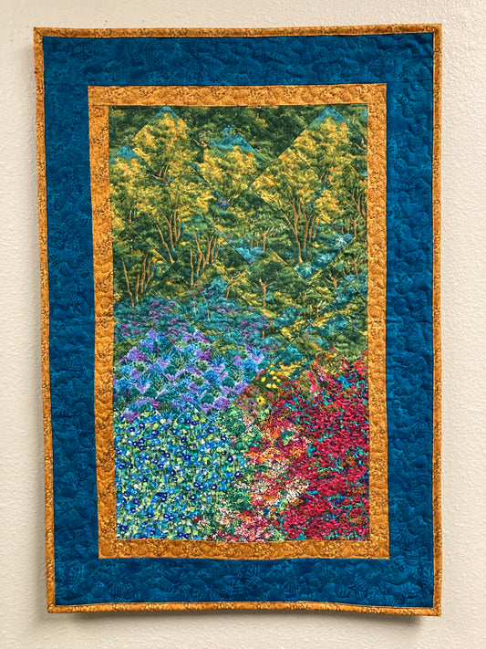 Mountain Art Quilt Tapestry, Turquoise Meadow Flowers Fabric Wall Hanging, Summer Trees Woods, 21x31" Original Handmade Artwork Home Office