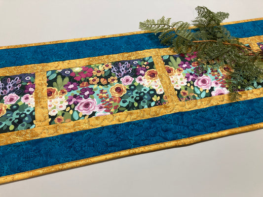 Pink Yellow Roses Modern Garden Flowers Quilted Table Runner for Dining or Coffee Table, Summer 13x54", Dresser Scarf Handmade