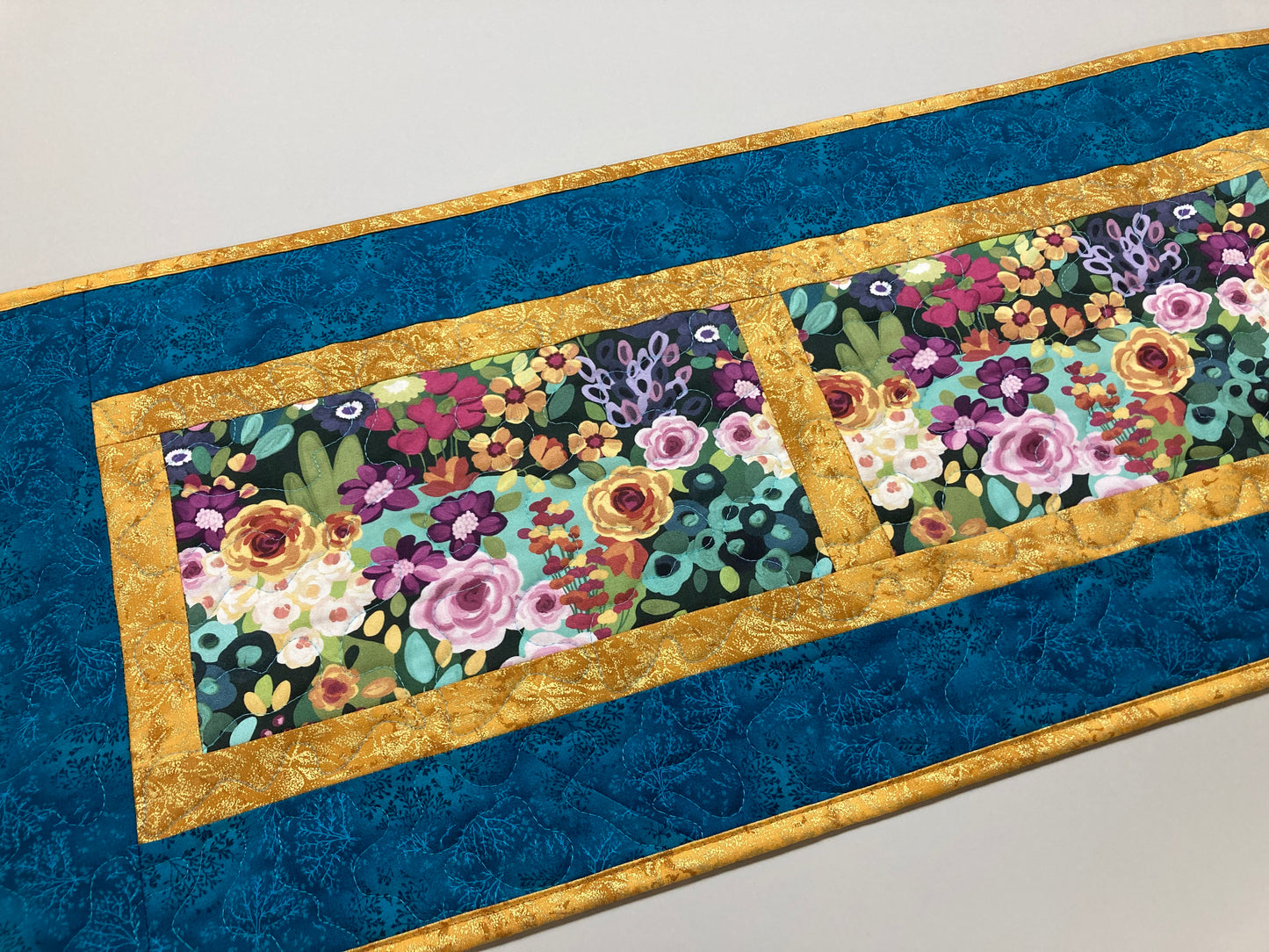 Pink Yellow Roses Modern Garden Flowers Quilted Table Runner for Dining or Coffee Table, Summer 13x54", Dresser Scarf Handmade