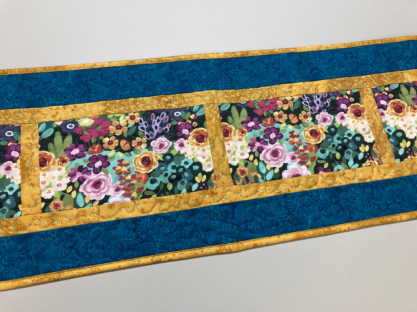 Pink Yellow Roses Modern Garden Flowers Quilted Table Runner for Dining or Coffee Table, Summer 13x54", Dresser Scarf Handmade