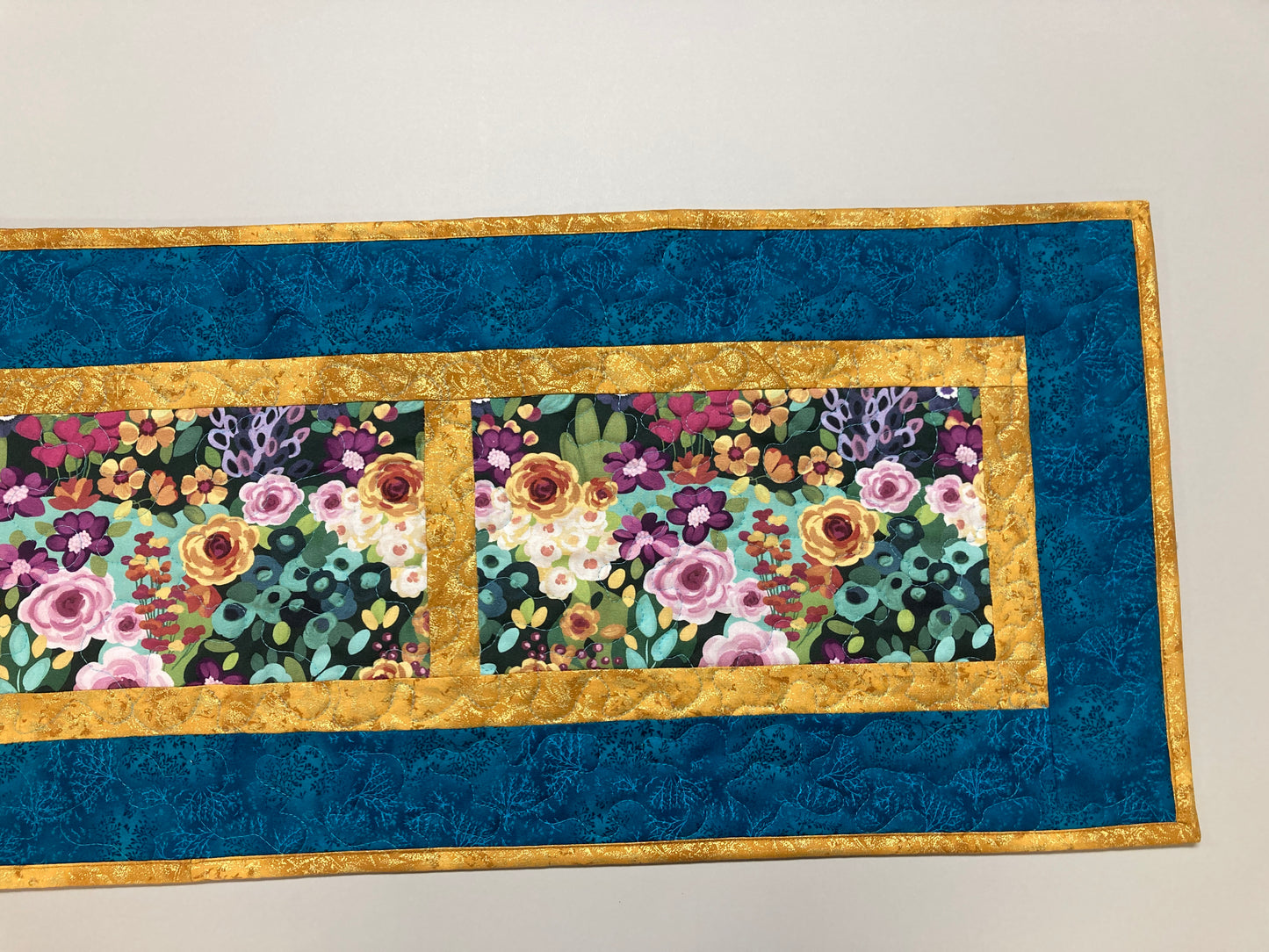 Pink Yellow Roses Modern Garden Flowers Quilted Table Runner for Dining or Coffee Table, Summer 13x54", Dresser Scarf Handmade