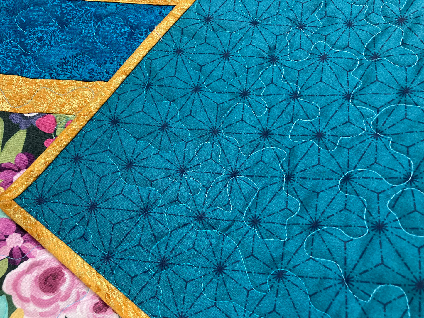 Pink Yellow Roses Modern Garden Flowers Quilted Table Runner for Dining or Coffee Table, Summer 13x54", Dresser Scarf Handmade