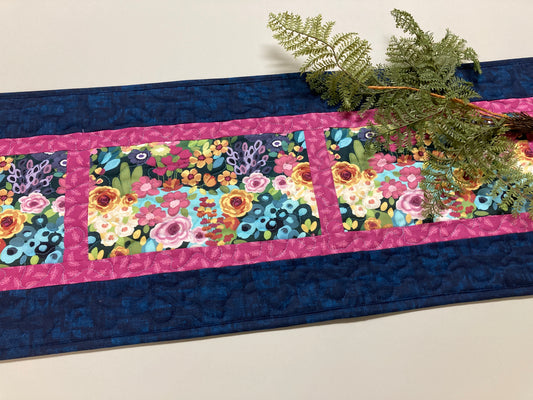 Modern Garden Pink Yellow Roses Flowers Quilted Table Runner for Dining or Coffee Table, Summer 13x54", Dresser Scarf Handmade