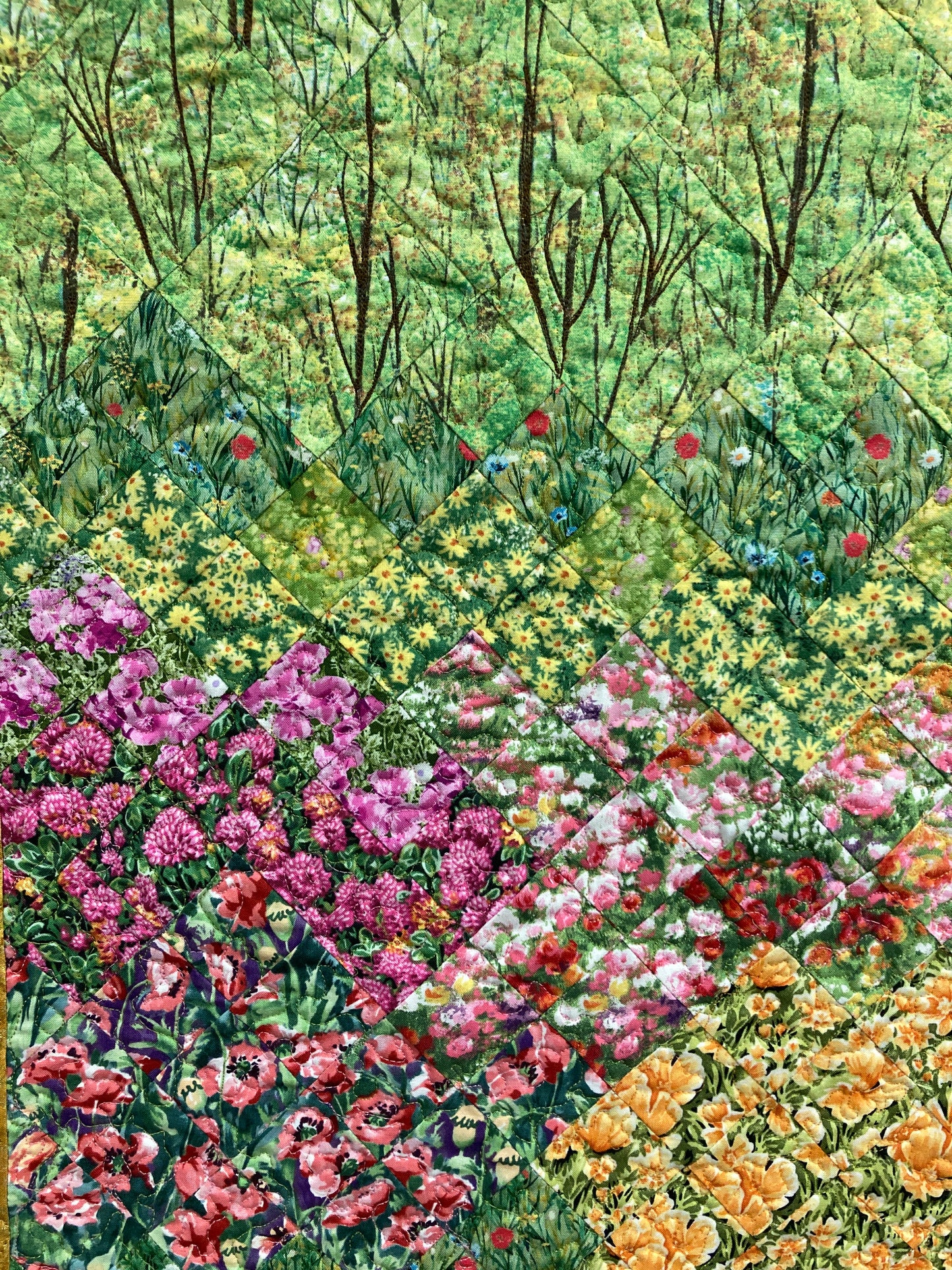 Art Quilt, Spring Trees and Flowers, Fabric Wall Hanging Yellow Pink Flowers, Forest Sunshine Landscape Tapestry, Handmade 21x31" Original