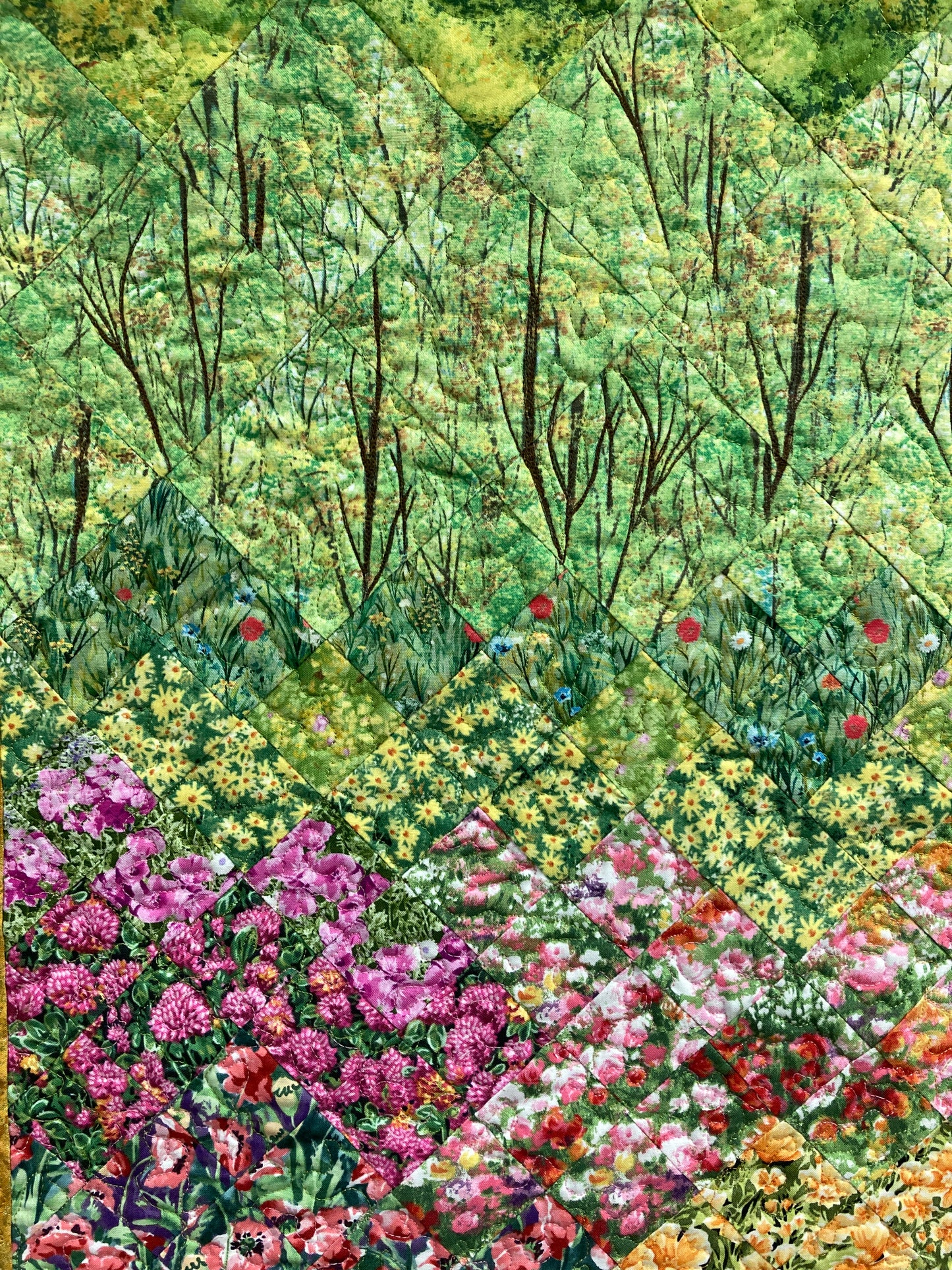 Art Quilt, Spring Trees and Flowers, Fabric Wall Hanging Yellow Pink Flowers, Forest Sunshine Landscape Tapestry, Handmade 21x31" Original