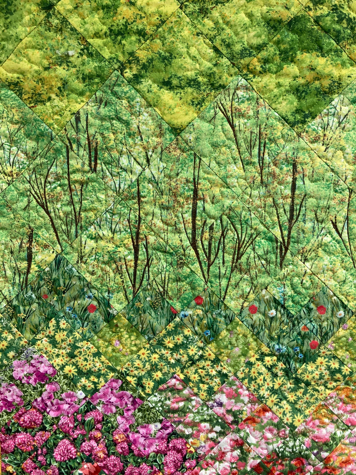 Art Quilt, Spring Trees and Flowers, Fabric Wall Hanging Yellow Pink Flowers, Forest Sunshine Landscape Tapestry, Handmade 21x31" Original