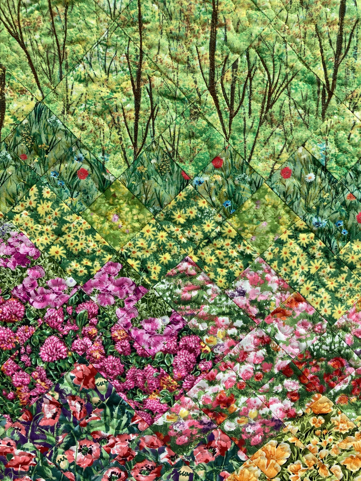 Art Quilt, Spring Trees and Flowers, Fabric Wall Hanging Yellow Pink Flowers, Forest Sunshine Landscape Tapestry, Handmade 21x31" Original
