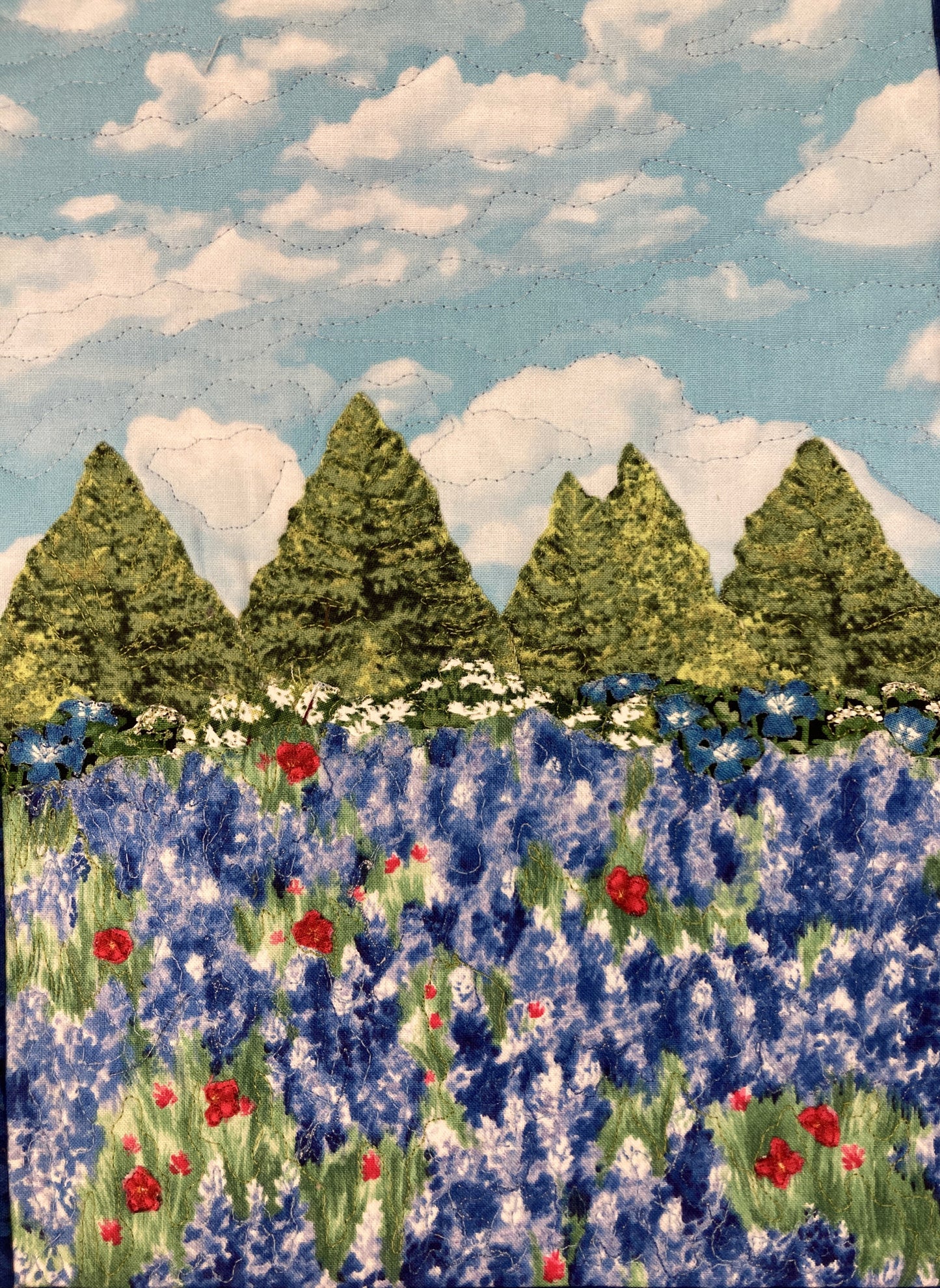 Blue Bonnets Red Meadow Flowers Mountains Landscape Art Quilt, Textile 13x17", Tapestry Fabric Wall Hanging, Small Scenic Wall Art Handmade
