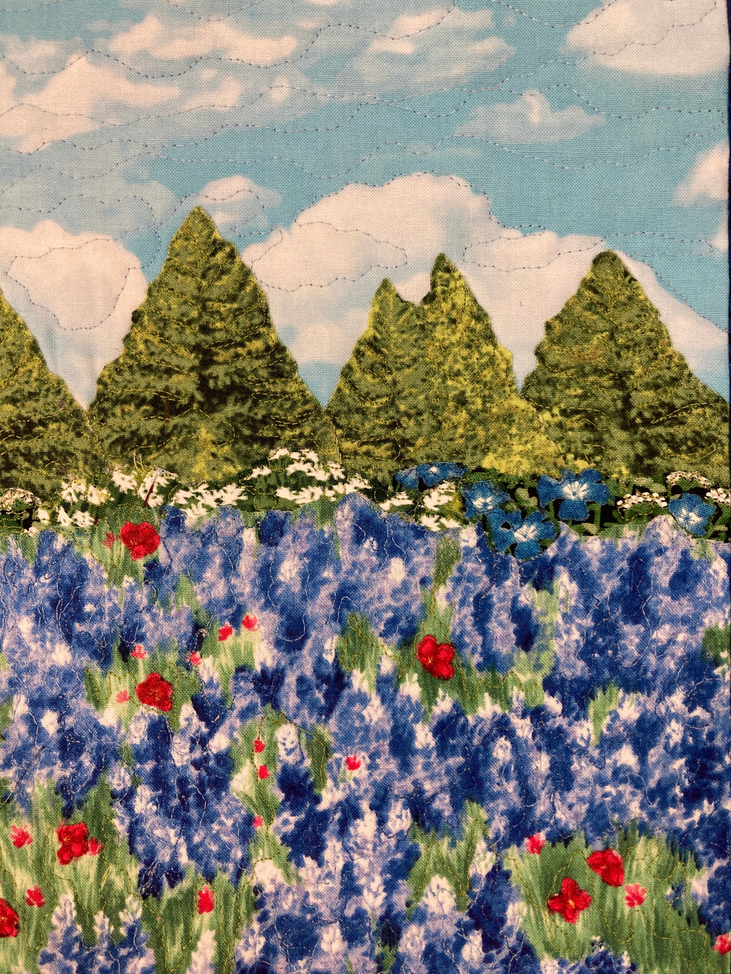 Blue Bonnets Red Meadow Flowers Mountains Landscape Art Quilt, Textile 13x17", Tapestry Fabric Wall Hanging, Small Scenic Wall Art Handmade
