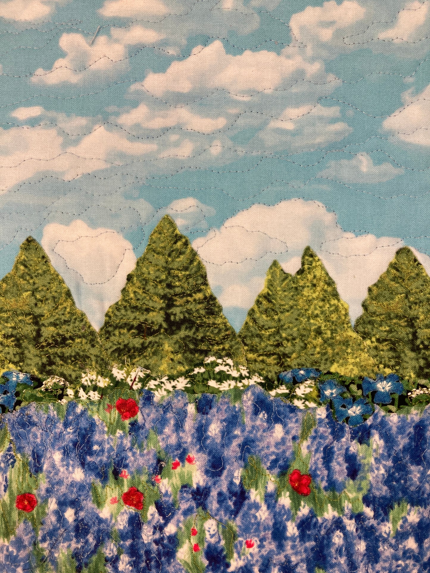 Blue Bonnets Red Meadow Flowers Mountains Landscape Art Quilt, Textile 13x17", Tapestry Fabric Wall Hanging, Small Scenic Wall Art Handmade