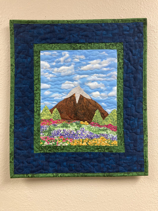 Meadow Flowers Mountain Landscape Art Quilt, 17x15" Tapestry Fabric Wall Hanging, Small Vertical Alpine Blue Skies Hiking Forest Original