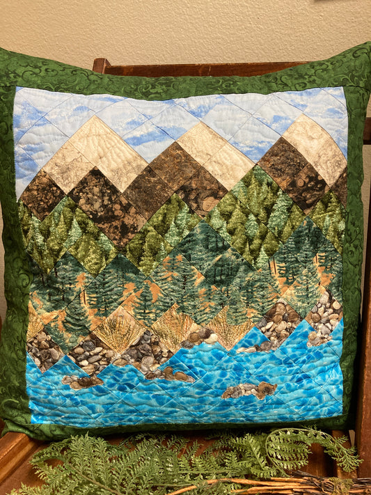 Lake Tahoe Mountain Decorative Pillow, Pine Trees Blue Sky Alpine Landscape Pillow 20x20" Cotton, Cabin Lodge Decor Bedroom Sofa Living Room