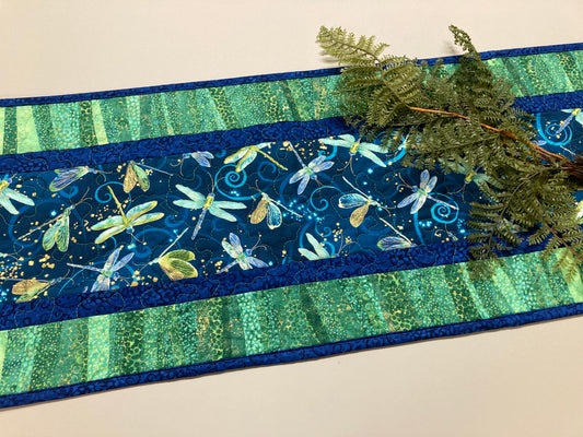 Quilted Table Runner, Blue Green Dragonflies, 13x48" Reversible Cotton, Coffee Dining Buffet Table Summer Runner Handmade