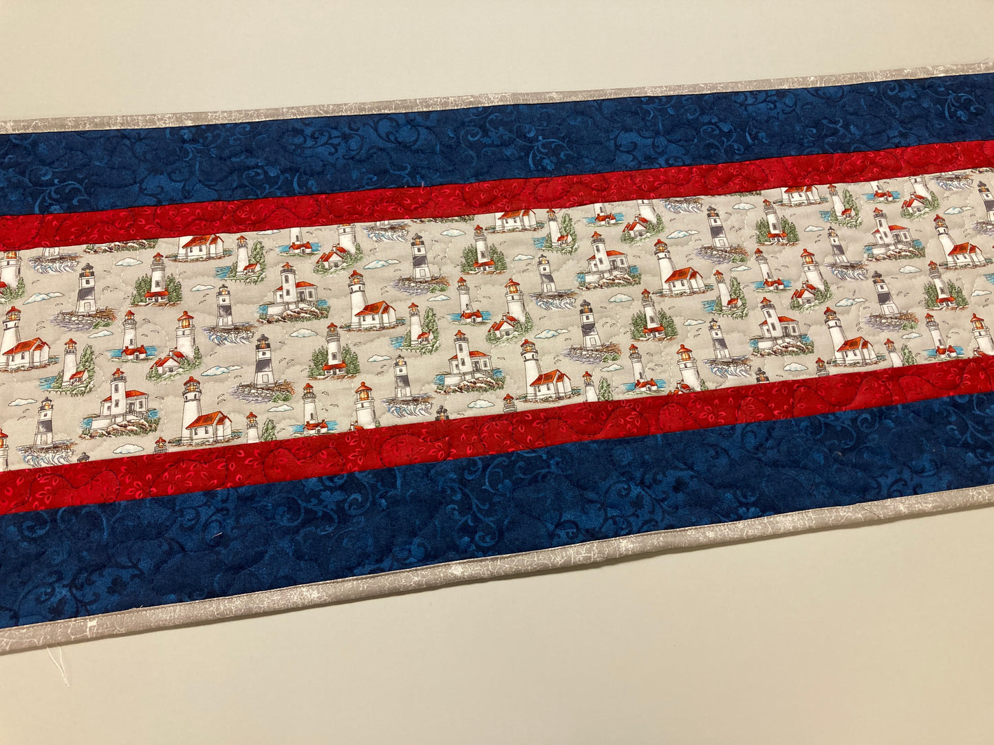 New England Lighthouse Quilted Dining Table Runner, 13x48" Reversible, Red White Blue, Nautical Seashore, Reversible Summer Leaves