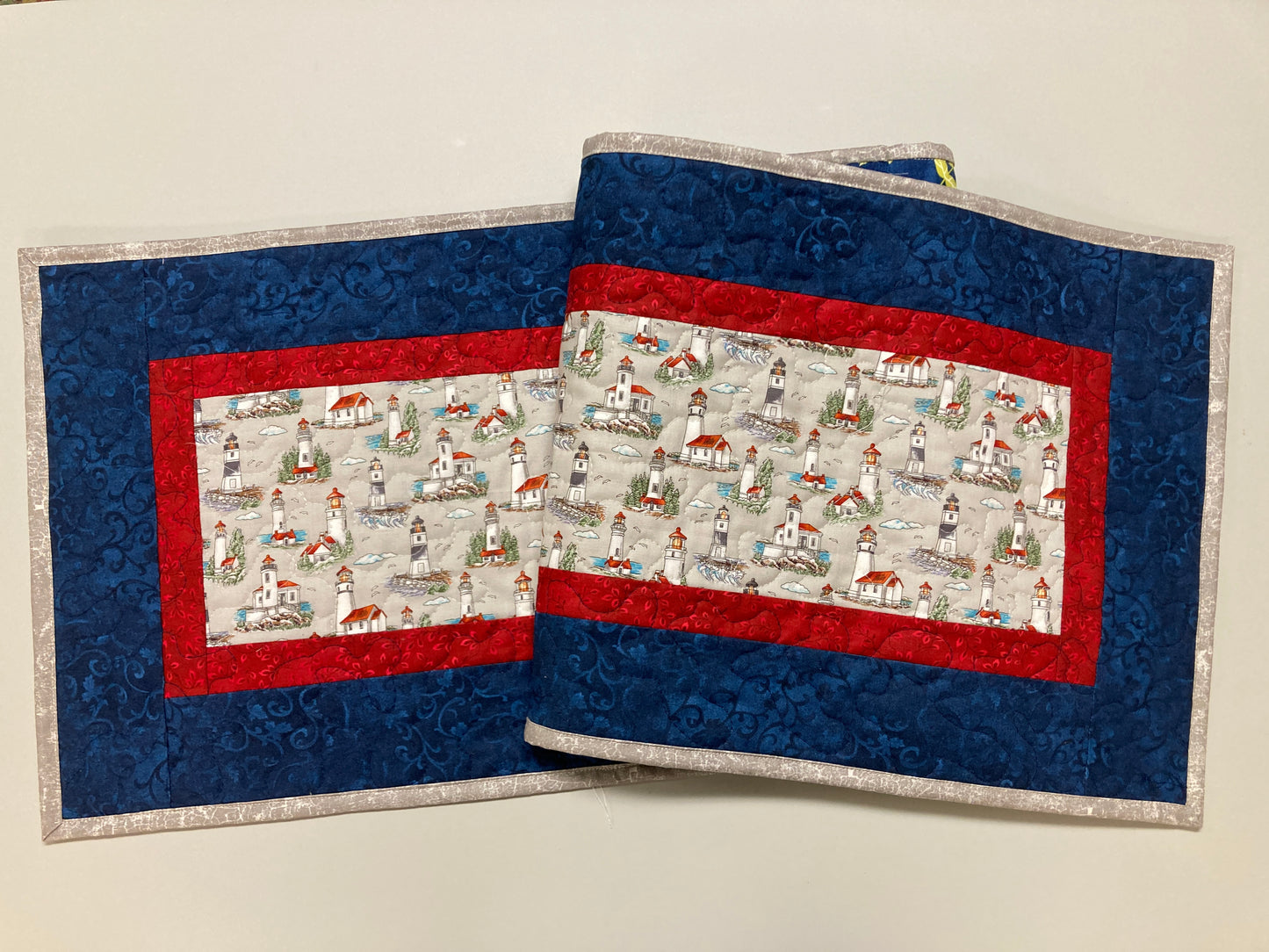 New England Lighthouse Quilted Dining Table Runner, 13x48" Reversible, Red White Blue, Nautical Seashore, Reversible Summer Leaves