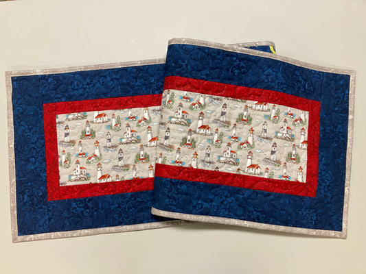 New England Lighthouse Quilted Dining Table Runner, 13x48" Reversible, Red White Blue, Nautical Seashore, Reversible Summer Leaves