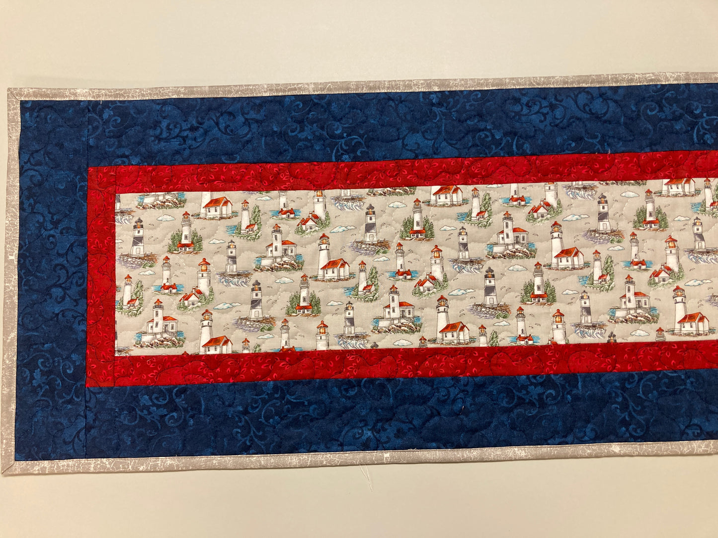 New England Lighthouse Quilted Dining Table Runner, 13x48" Reversible, Red White Blue, Nautical Seashore, Reversible Summer Leaves