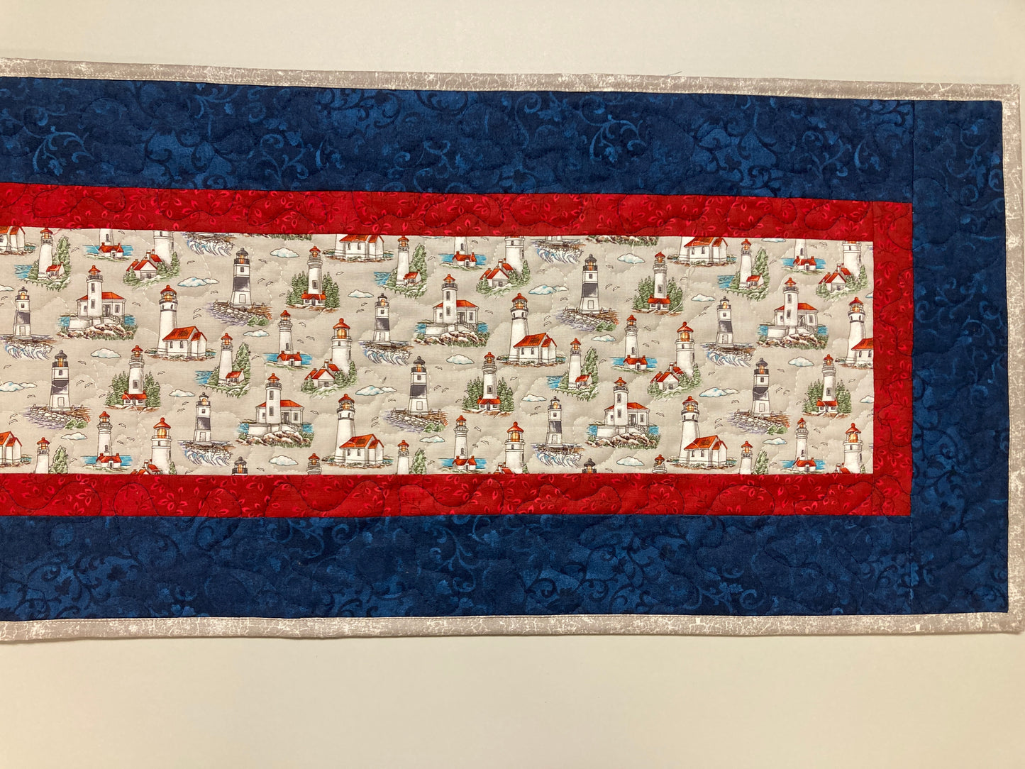 New England Lighthouse Quilted Dining Table Runner, 13x48" Reversible, Red White Blue, Nautical Seashore, Reversible Summer Leaves