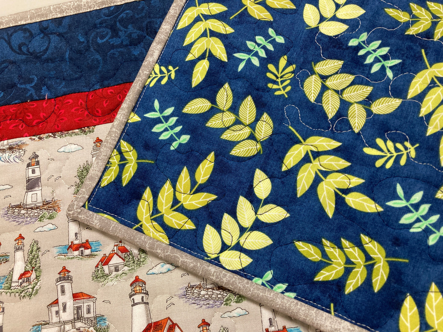 New England Lighthouse Quilted Dining Table Runner, 13x48" Reversible, Red White Blue, Nautical Seashore, Reversible Summer Leaves