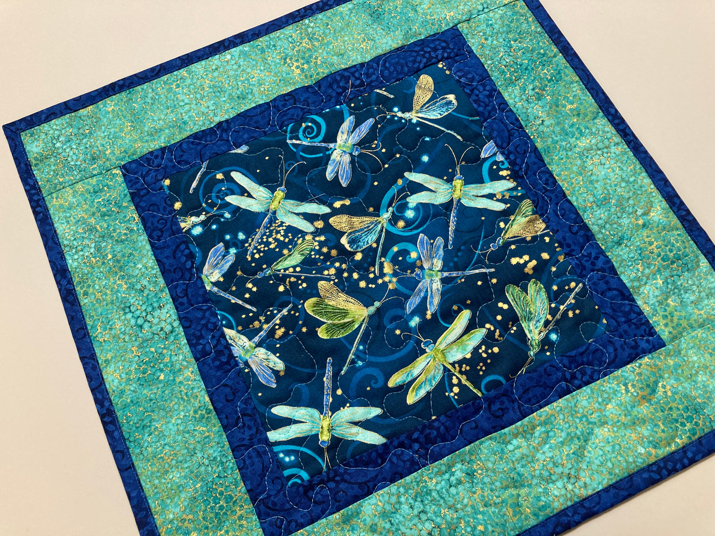 Dragonfly Blue Green Table Topper Quilted Large Table Square Mat, 18x18", Reversible Summer, Nightstand End Table Mat Handmade Tahoe Quilts