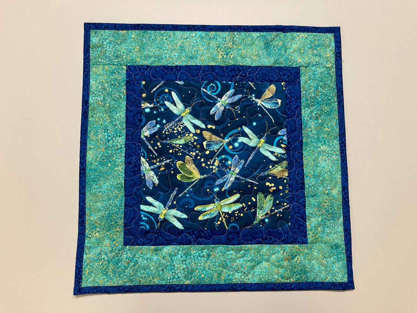 Dragonfly Blue Green Table Topper Quilted Large Table Square Mat, 18x18", Reversible Summer, Nightstand End Table Mat Handmade Tahoe Quilts