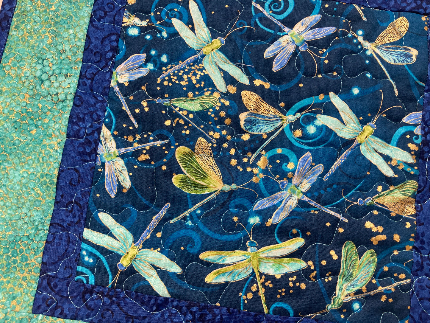Dragonfly Blue Green Table Topper Quilted Large Table Square Mat, 18x18", Reversible Summer, Nightstand End Table Mat Handmade Tahoe Quilts