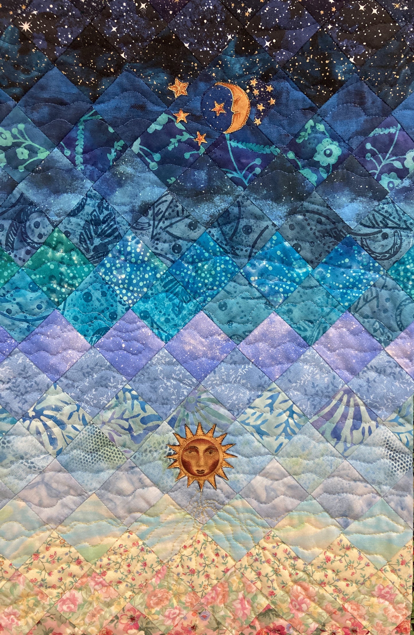 Art Quilt, Sunshine Garden Sun Moon Fabric Quilted Wall Hanging Celestial Tapestry 44x18" Whimsical Long Vertical Original Artwork Handmade