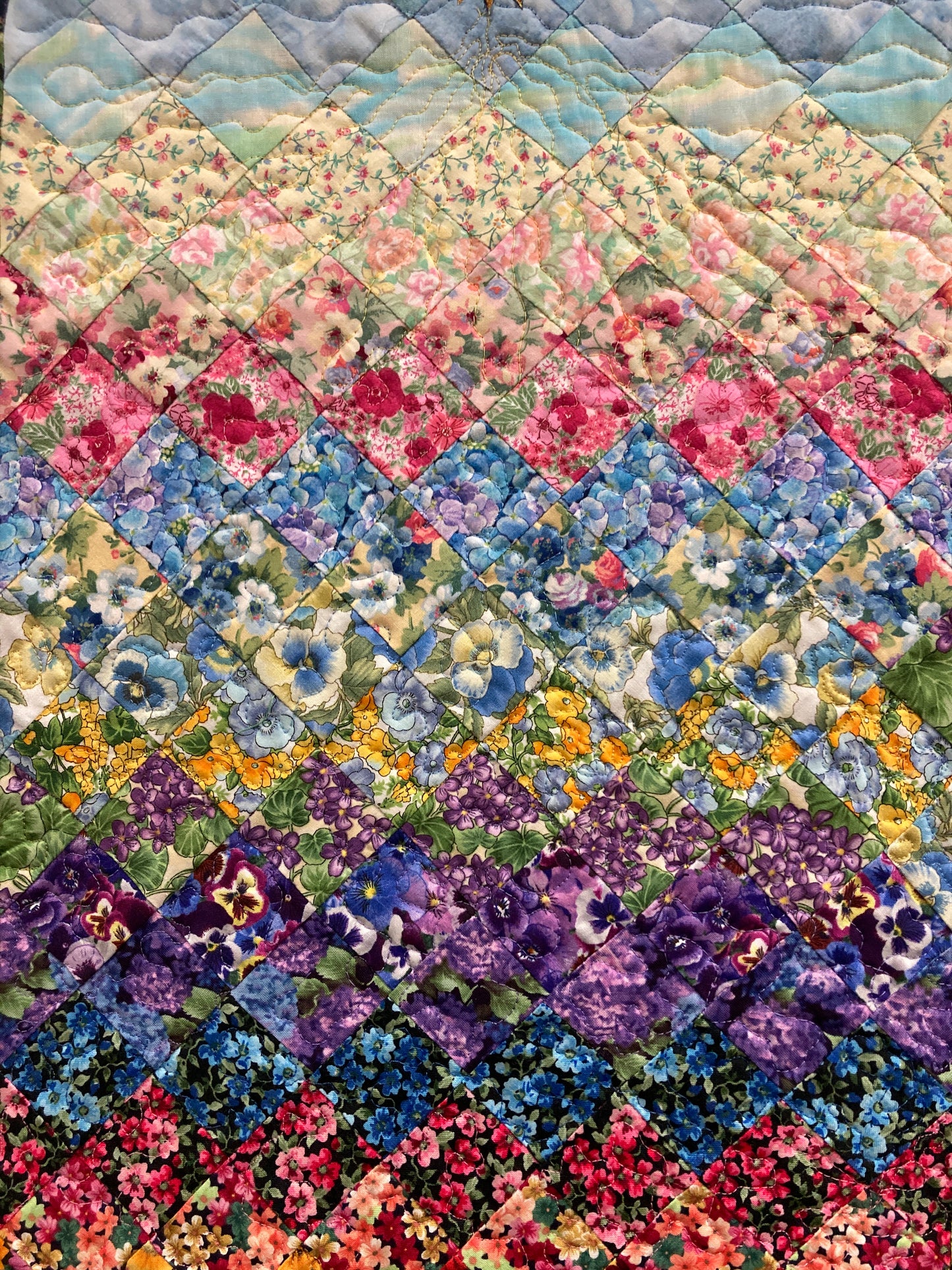 Art Quilt, Sunshine Garden Sun Moon Fabric Quilted Wall Hanging Celestial Tapestry 44x18" Whimsical Long Vertical Original Artwork Handmade
