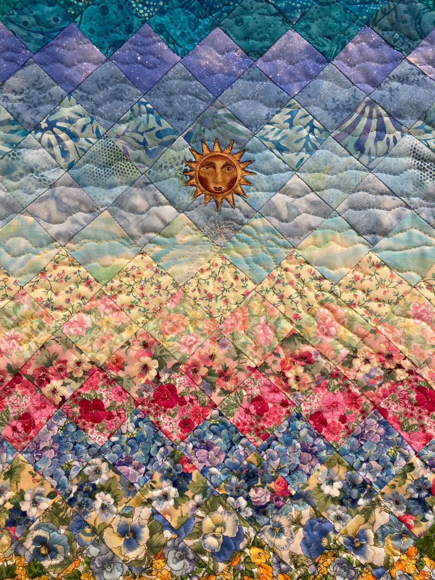 Art Quilt, Sunshine Garden Sun Moon Fabric Quilted Wall Hanging Celestial Tapestry 44x18" Whimsical Long Vertical Original Artwork Handmade