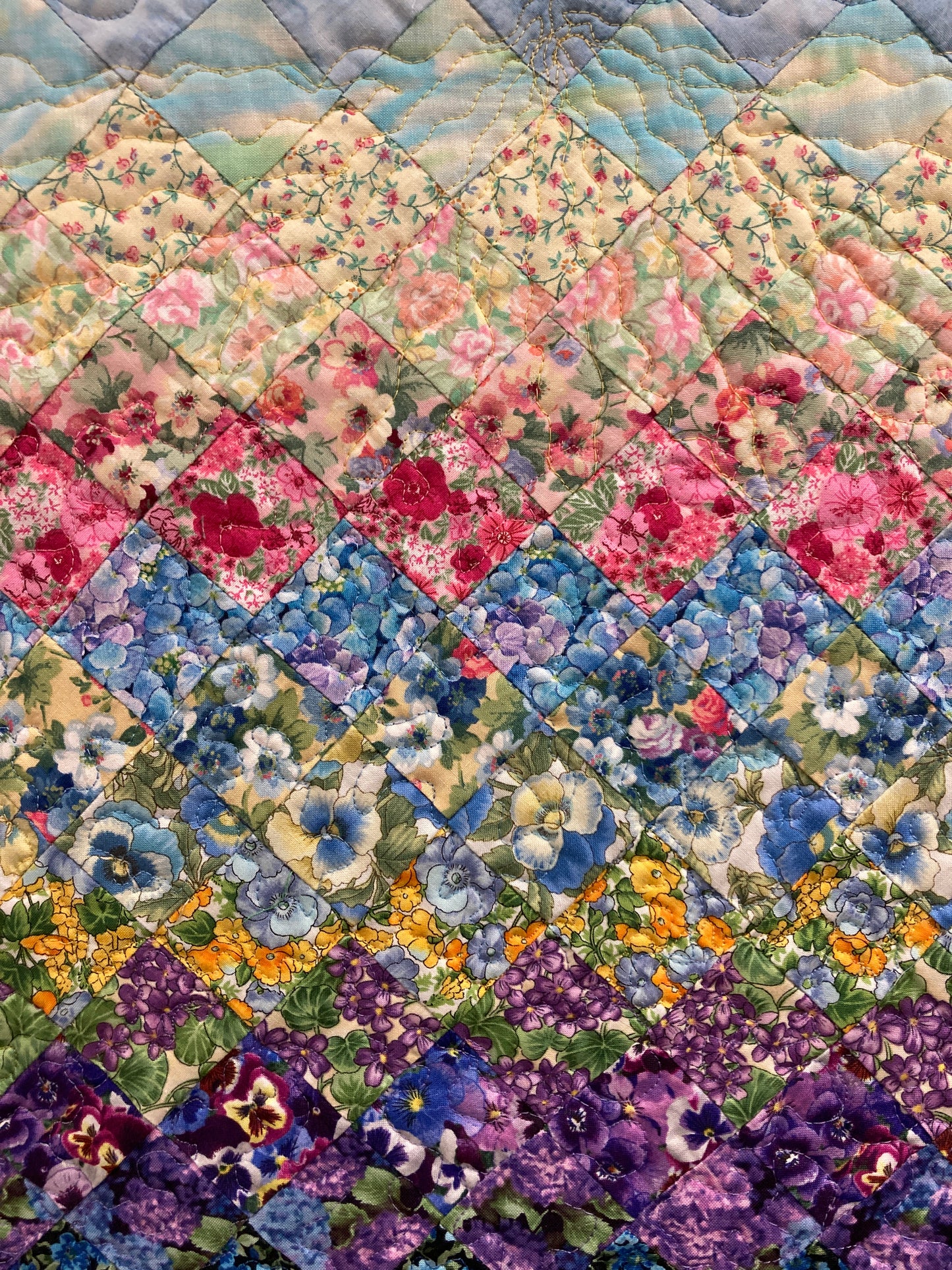 Art Quilt, Sunshine Garden Sun Moon Fabric Quilted Wall Hanging Celestial Tapestry 44x18" Whimsical Long Vertical Original Artwork Handmade