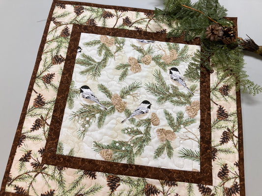 Pine Cones and Chickadee Bird Quilted Table Topper Large Square Table Mat 20x20" Reversible Coffee End Table Nightstand Christmas Everyday