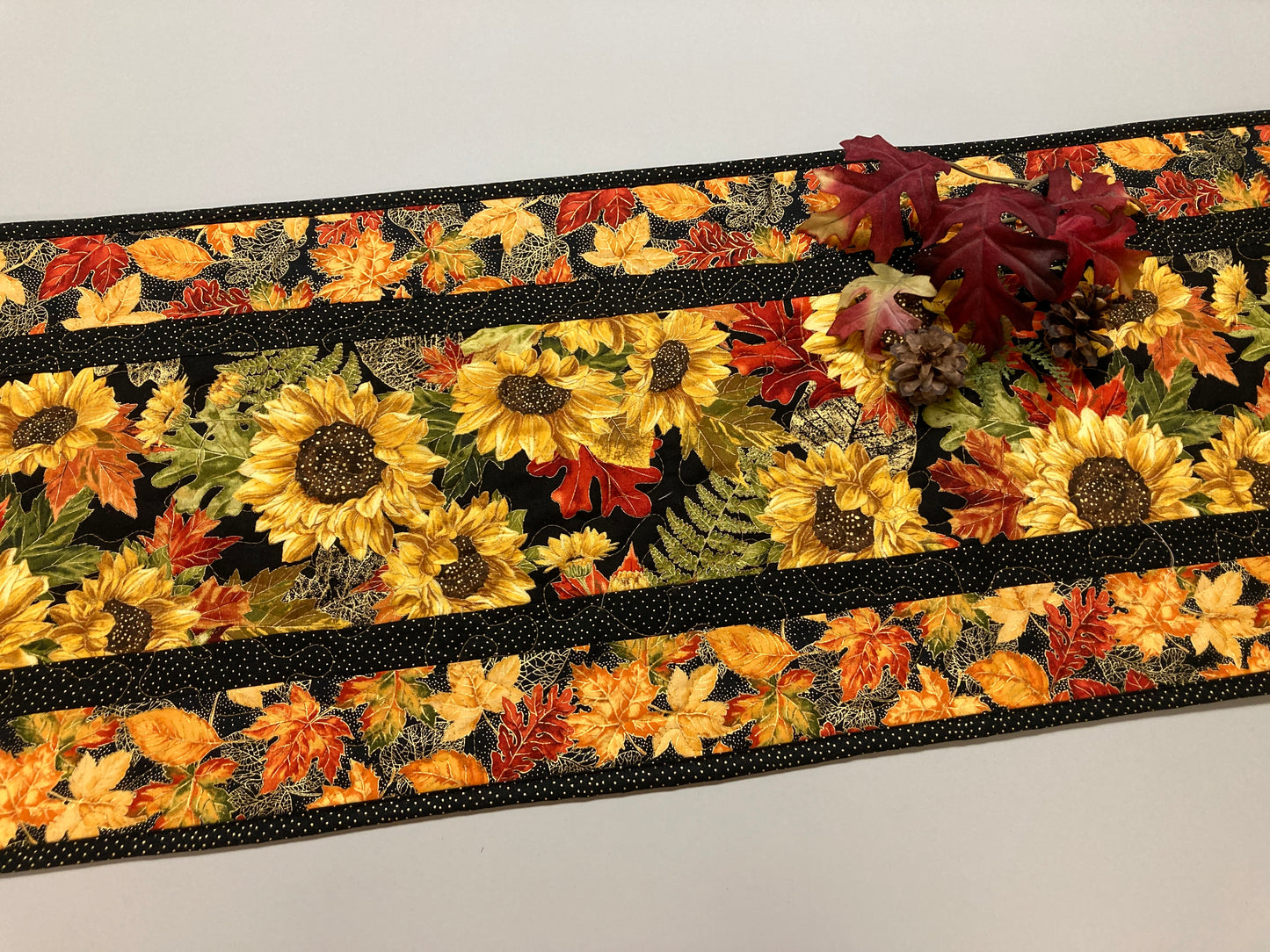 Fall Sunflowers and Leaves Quilted Table Runner, 13x48" Reversible, Woodland Forest Autumn Orange Red Green Dining Coffee End Table Handmade