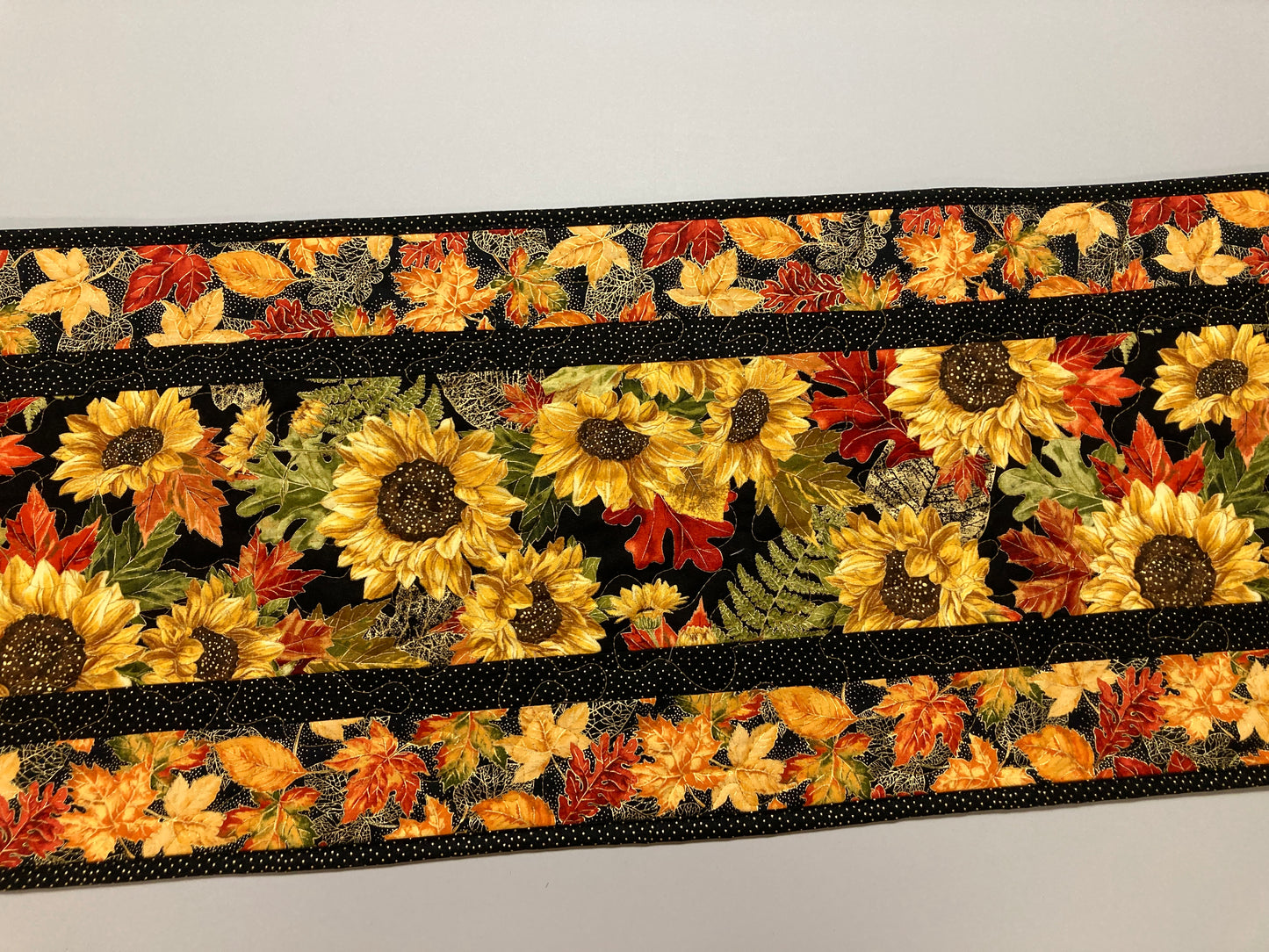 Fall Sunflowers and Leaves Quilted Table Runner, 13x48" Reversible, Woodland Forest Autumn Orange Red Green Dining Coffee End Table Handmade