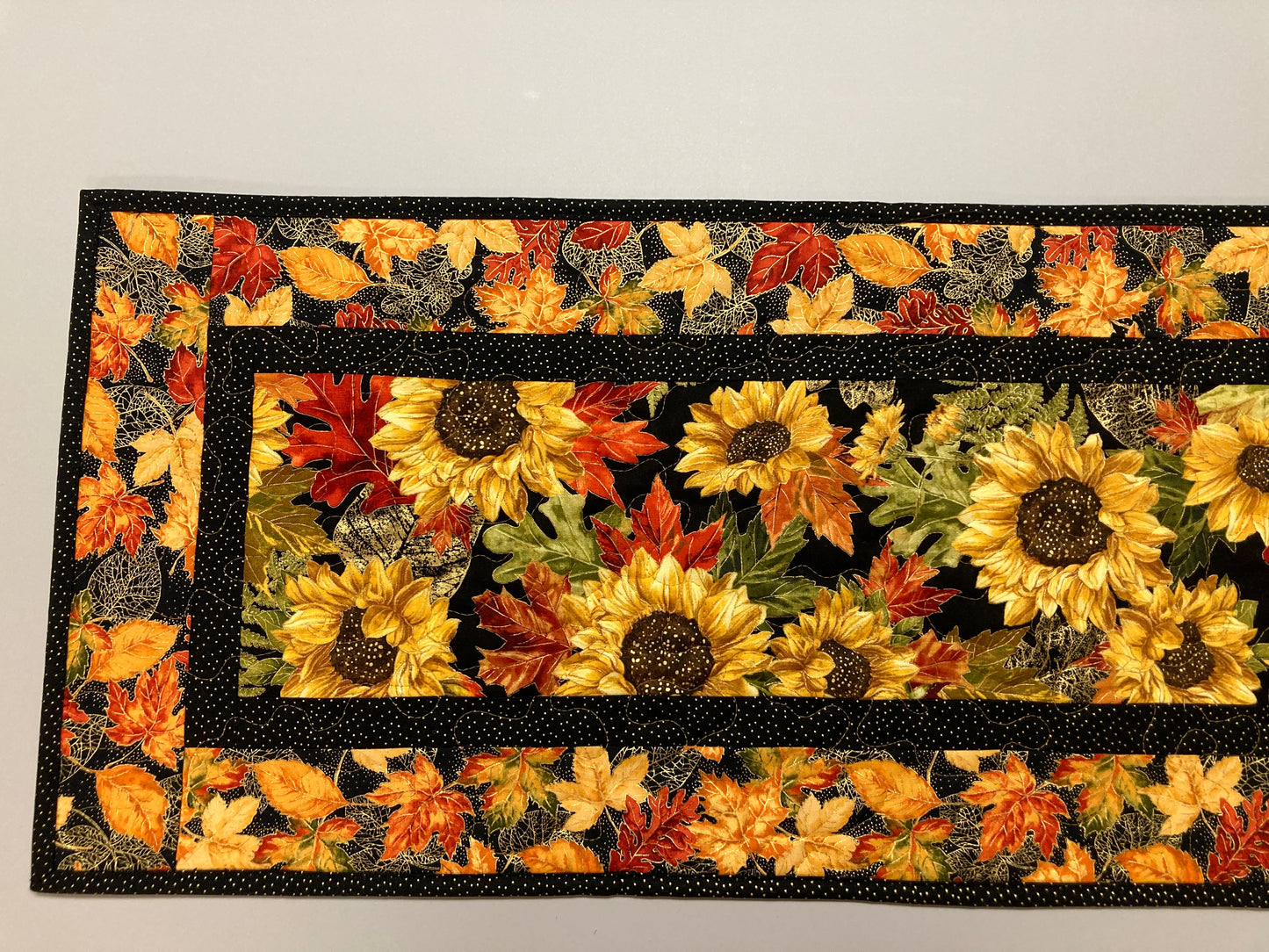 Fall Sunflowers and Leaves Quilted Table Runner, 13x48" Reversible, Woodland Forest Autumn Orange Red Green Dining Coffee End Table Handmade