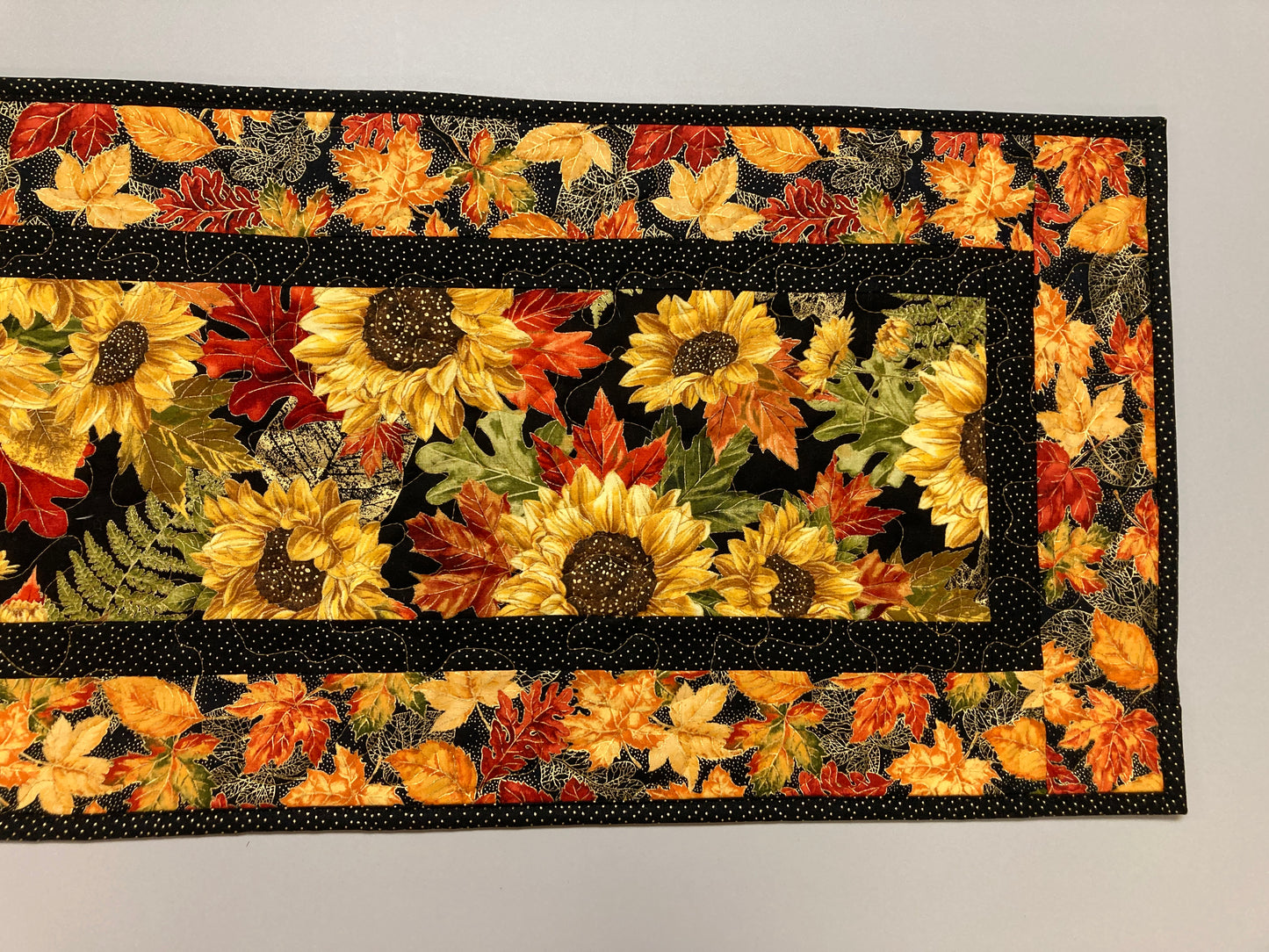 Fall Sunflowers and Leaves Quilted Table Runner, 13x48" Reversible, Woodland Forest Autumn Orange Red Green Dining Coffee End Table Handmade