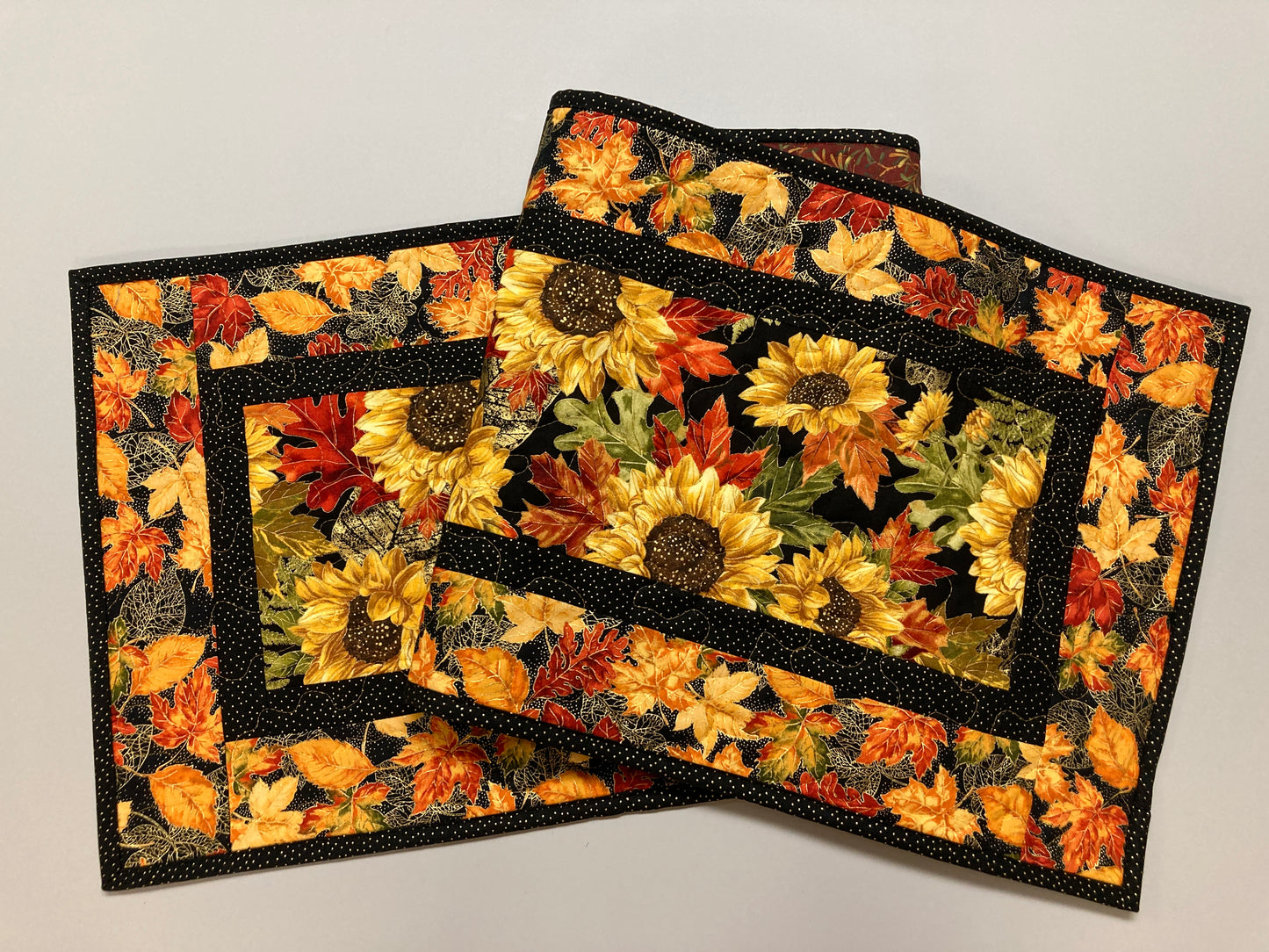 Fall Sunflowers and Leaves Quilted Table Runner, 13x48" Reversible, Woodland Forest Autumn Orange Red Green Dining Coffee End Table Handmade