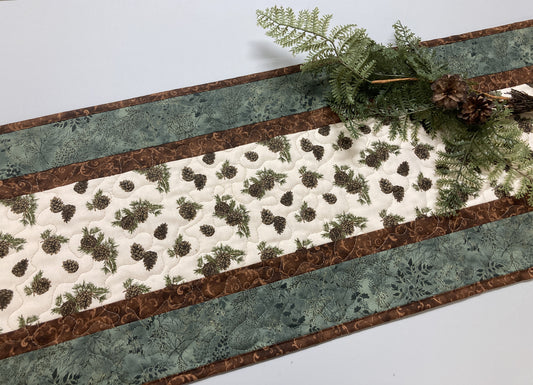 Pine Cones Quilted Dining Table Runner, Reversible Fall Green, Coffee Table Runner, Dresser Scarf Nightstand, End Table 13x48" Handmade