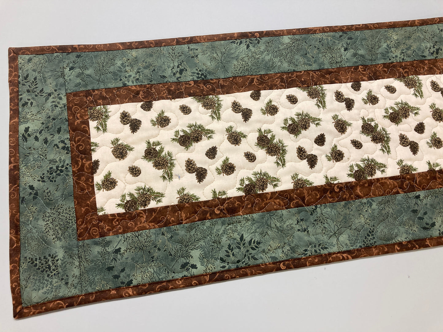 Pine Cones Quilted Dining Table Runner, Reversible Fall Green, Coffee Table Runner, Dresser Scarf Nightstand, End Table 13x48" Handmade