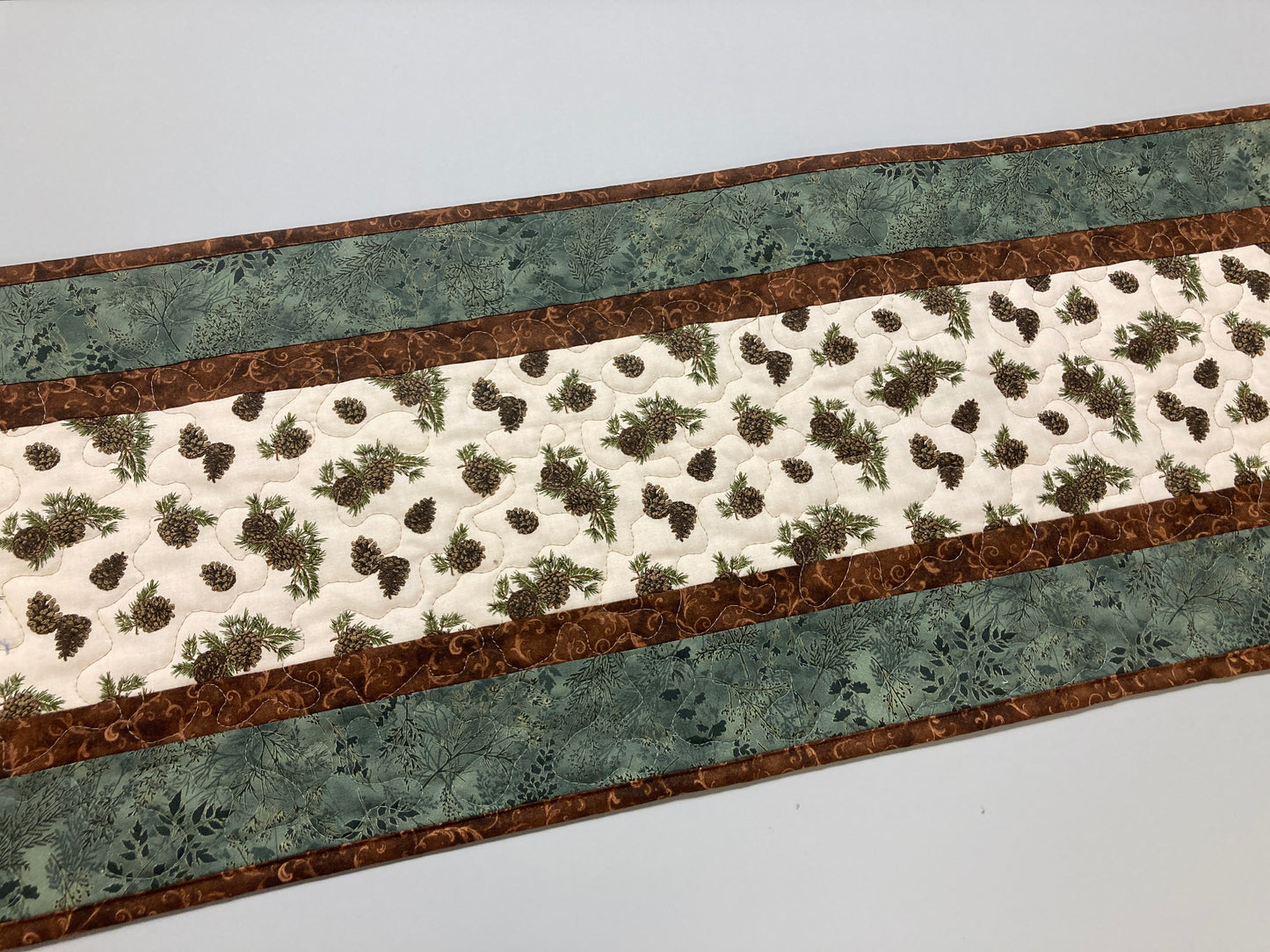 Pine Cones Quilted Dining Table Runner, Reversible Fall Green, Coffee Table Runner, Dresser Scarf Nightstand, End Table 13x48" Handmade