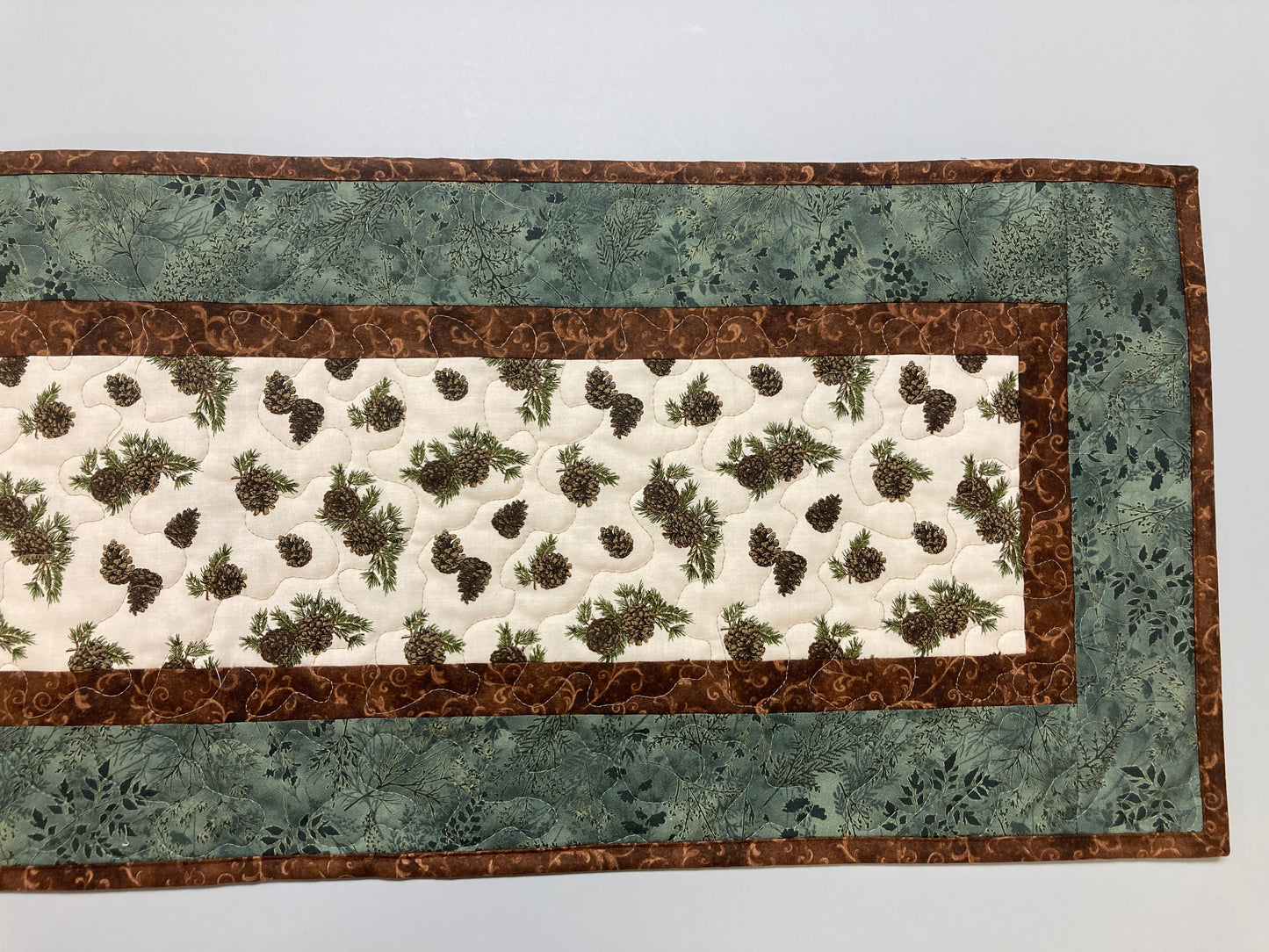 Pine Cones Quilted Dining Table Runner, Reversible Fall Green, Coffee Table Runner, Dresser Scarf Nightstand, End Table 13x48" Handmade