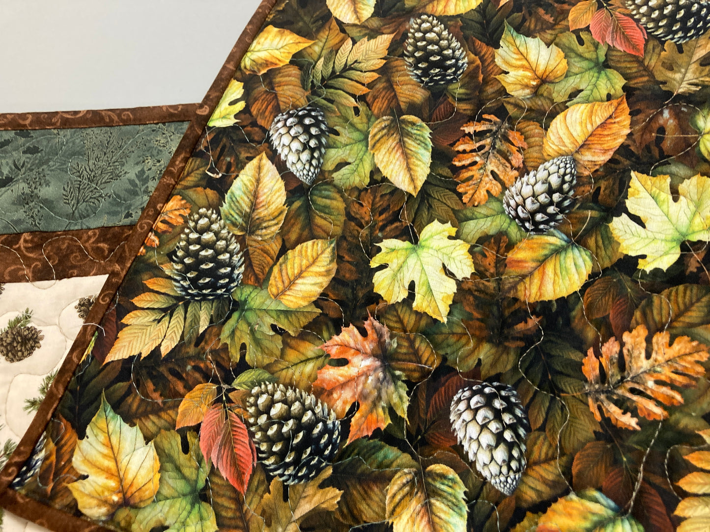 Pine Cones Quilted Dining Table Runner, Reversible Fall Green, Coffee Table Runner, Dresser Scarf Nightstand, End Table 13x48" Handmade