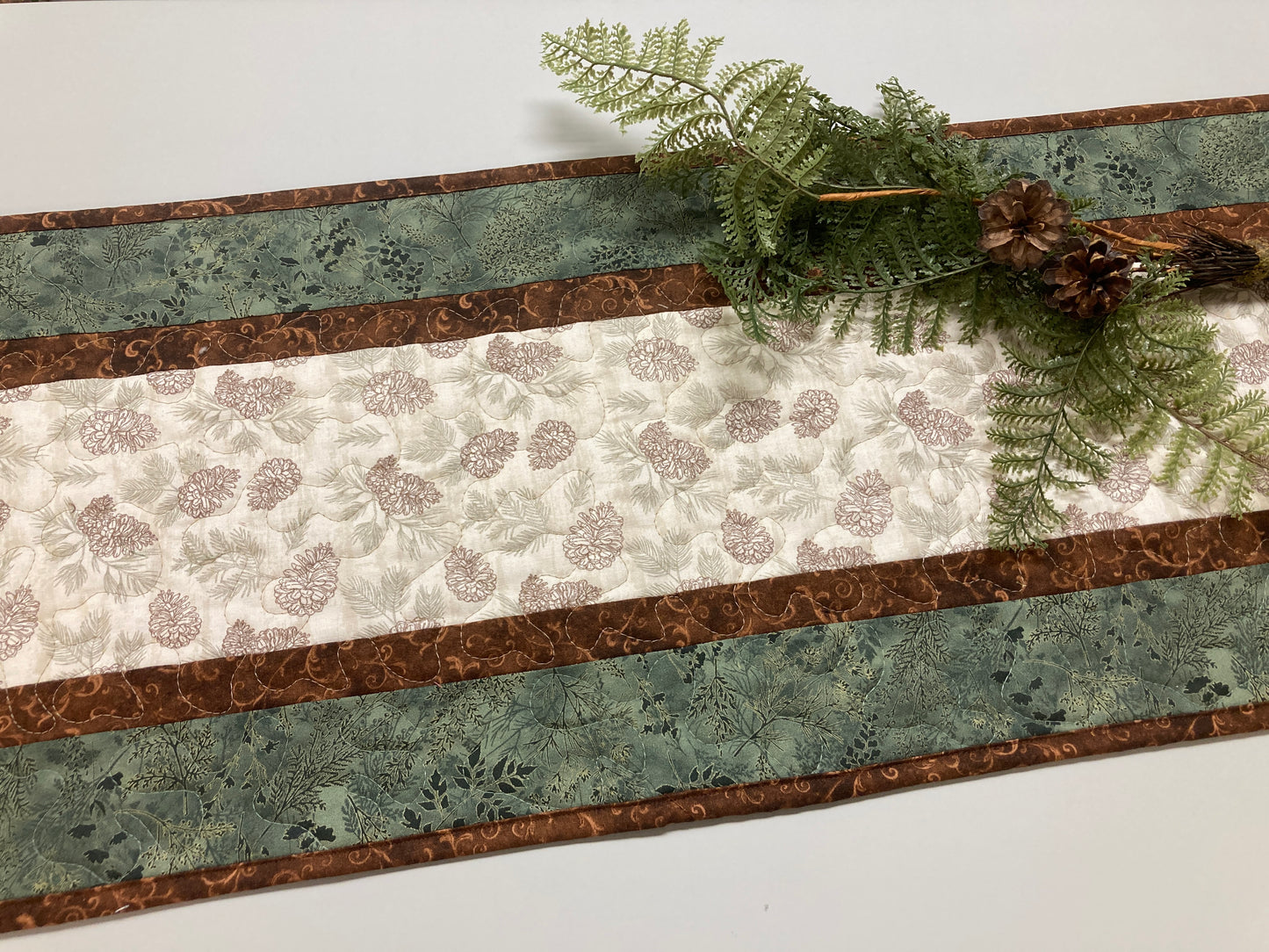 Summer Pine Cones Quilted Dining Table Runner, Fall Reversible, Coffee End Table Dresser Scarf 13x48" Woods Rustic Mountain Cabin Handmade