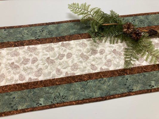 Summer Pine Cones Quilted Dining Table Runner, Fall Reversible, Coffee End Table Dresser Scarf 13x48" Woods Rustic Mountain Cabin Handmade