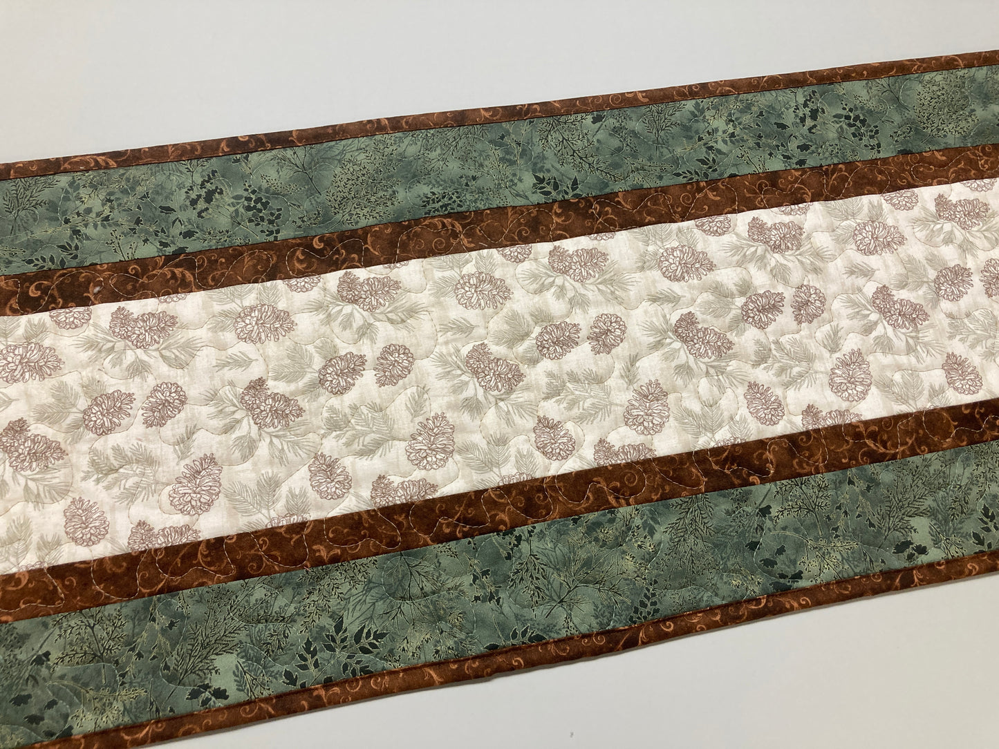 Summer Pine Cones Quilted Dining Table Runner, Fall Reversible, Coffee End Table Dresser Scarf 13x48" Woods Rustic Mountain Cabin Handmade