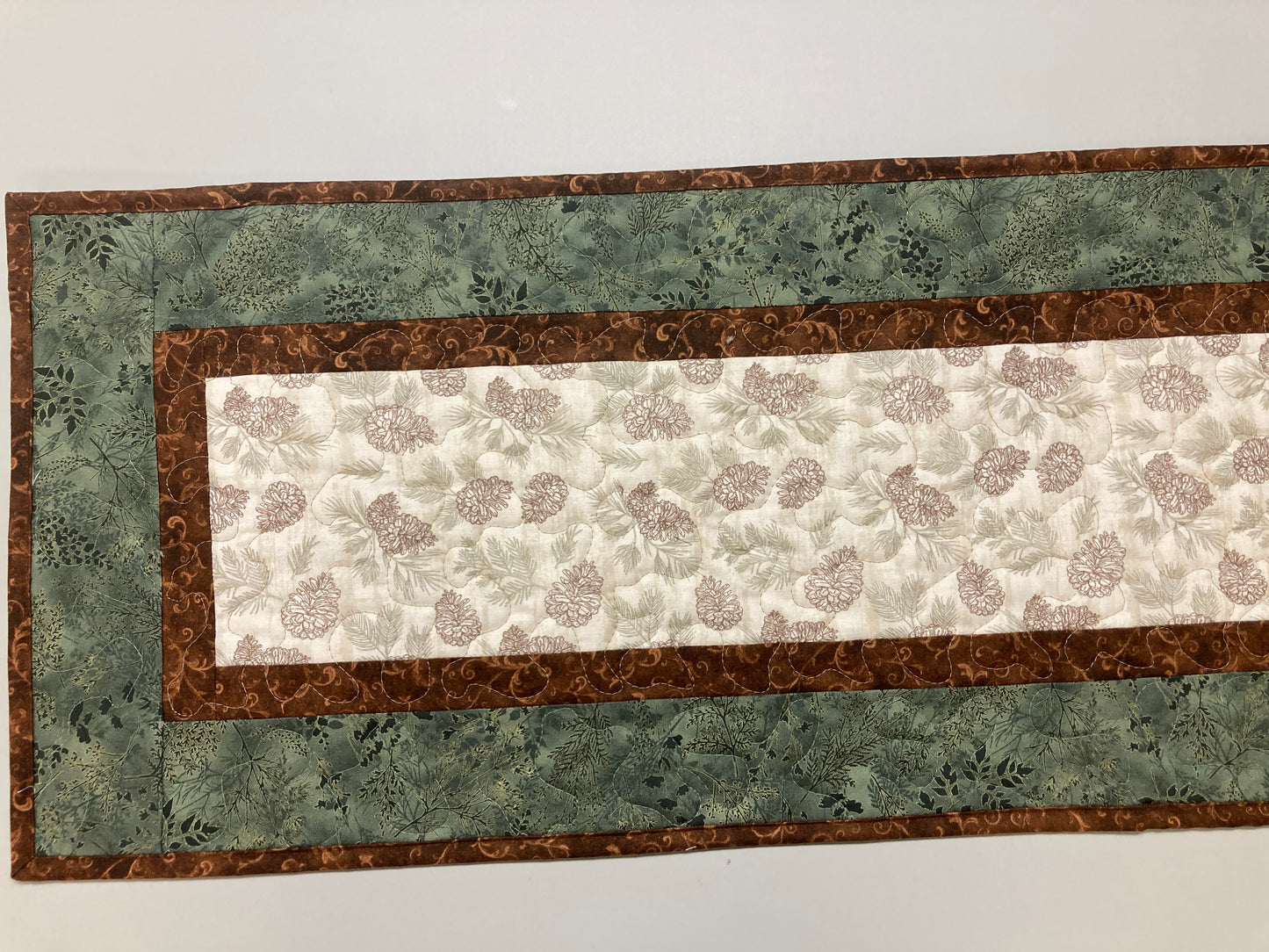Summer Pine Cones Quilted Dining Table Runner, Fall Reversible, Coffee End Table Dresser Scarf 13x48" Woods Rustic Mountain Cabin Handmade